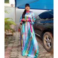 Satin Print Women Long Dress African Abaya Muslim Maxi Kaftan Evening Party Club