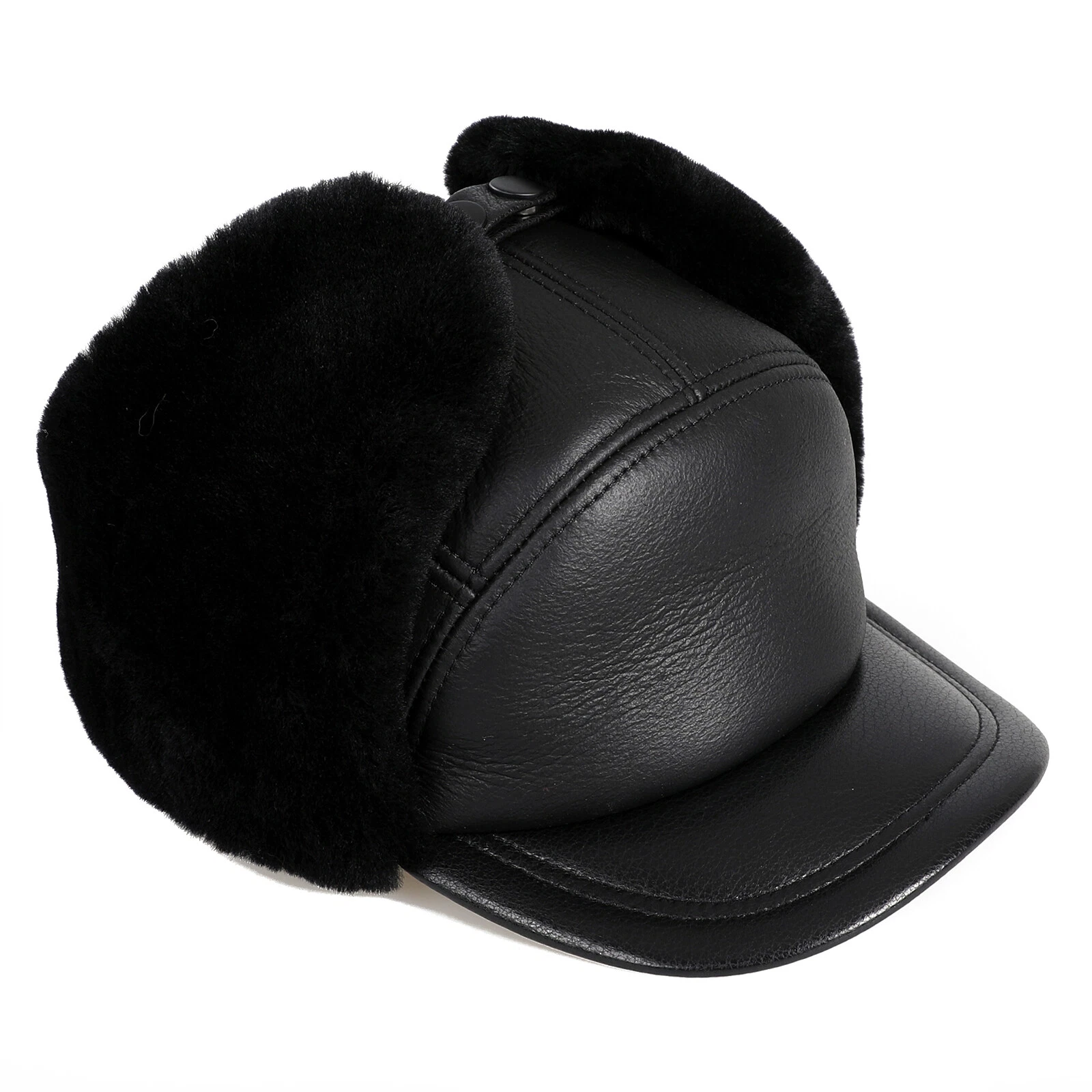 Unisex Genuine Shearling Wool Leather Trapper Hat Peaked Ushanka Russian Fur Cap