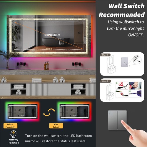 1510MM Huge RGB LED Bathroom Mirror Dual Lights Anti-Fog Vanity Mirror Dimmable - Picture 14 of 18