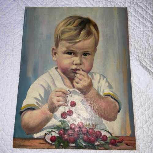 Young boy portrait original oil painting hand painted signed Vintage 50s cherry - Picture 15 of 15