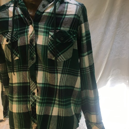 My Style Sz L Green Black Flannel Plaid Tartan Shirt Hoodie Cotton Girls Youth - Picture 5 of 20