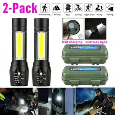 2PCS 990000LM Mini Rechargeable COB LED Flashlight 3-Modes Zoomable Torch Light