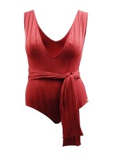 Vince Camuto Women's Ribbed Plunge Belted One-Piece Swimsuit 6, Sangria 