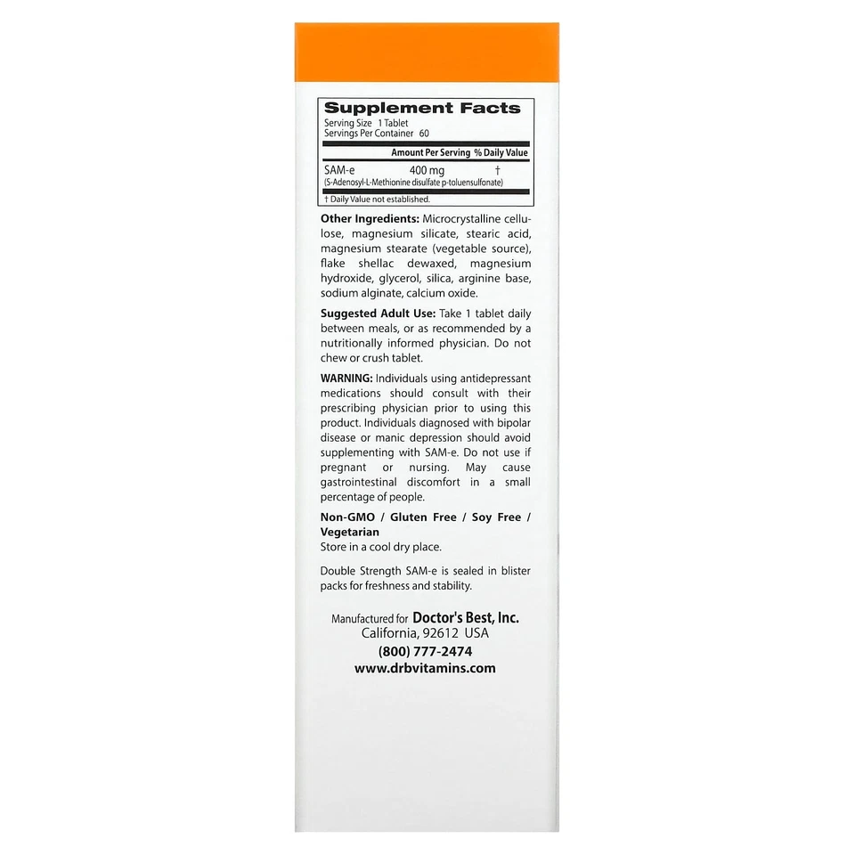 2 X Doctor's Best, SAM-e, Doble Fuerza, 400 mg, 60 Comprimidos Recubiertos Entéricos Foto 2 de 2