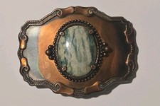 Vintage Gemstone Marble Agate Copper Belt Buckle Western Handcrafted Cowboy