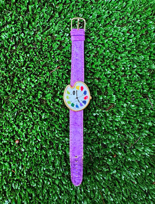 Women s Quartz Analog Watch Gold Tone Case Purple Leather Strap Colorful Dial