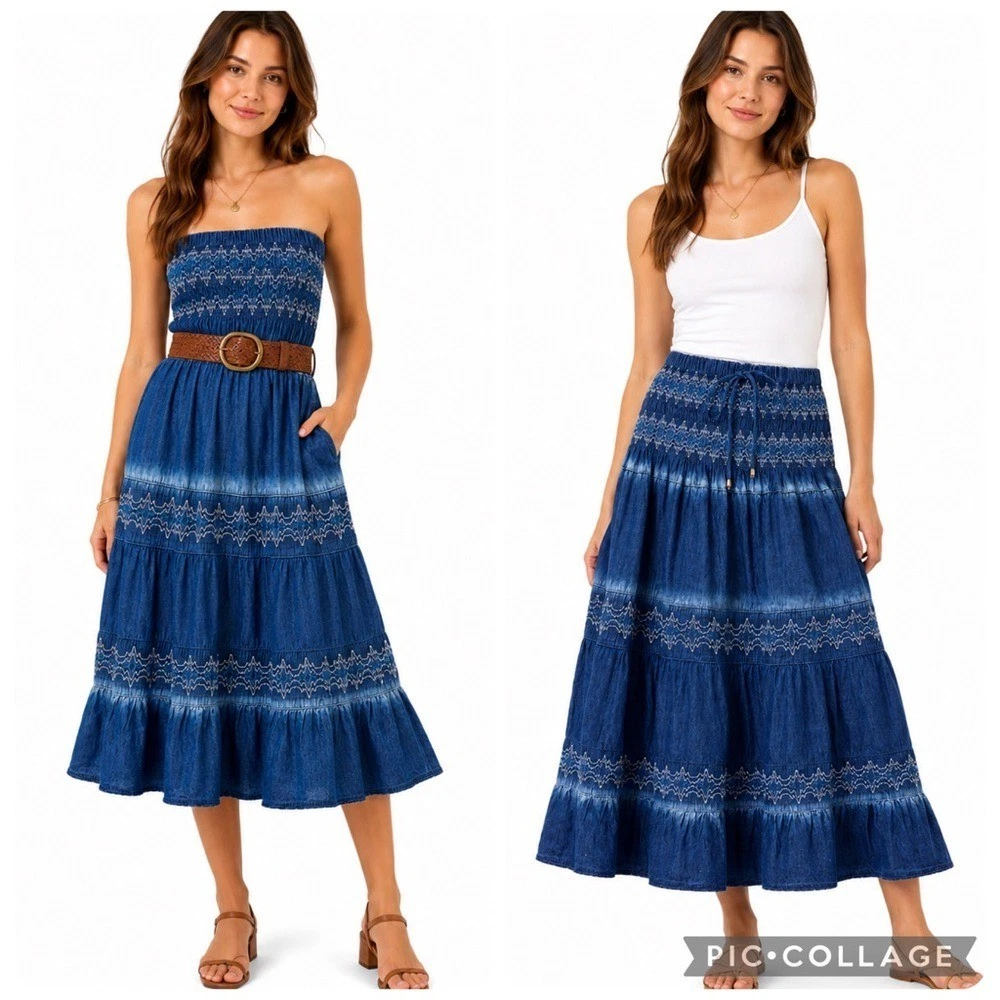 Blue Smocked Convertible Maxi Skirt / Strapless Dress Size M Western Boho Cotton