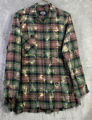 One24 Rags Button Up Flannel Top Bleached Pink Grn Plaid Frayed Grunge Rocker S