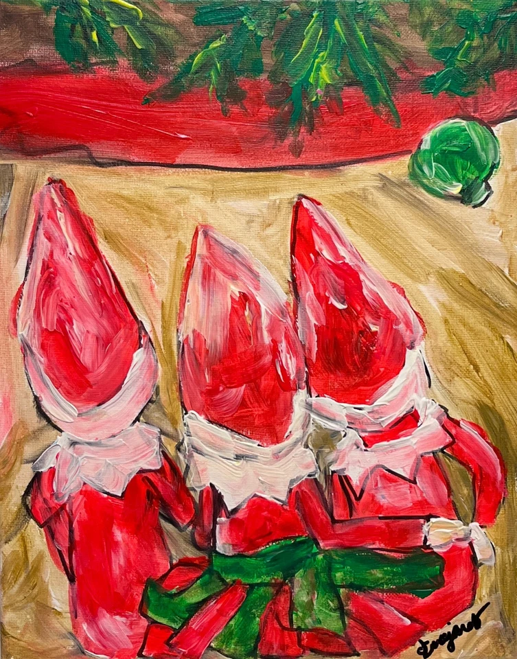 Arte firmado en lienzo GUAJARDO original caprichoso elfo de vacaciones bajo el árbol 14X11 Foto 2 de 4