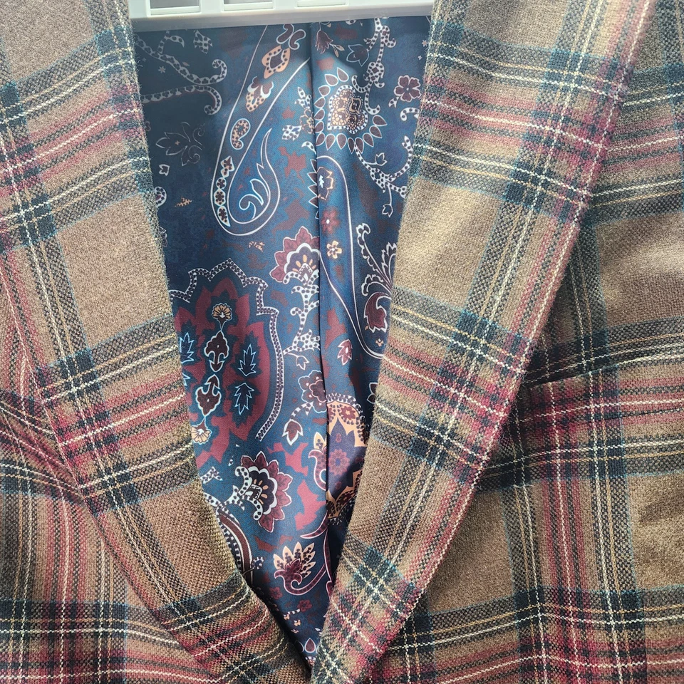 Tallia Men’s 46R Wool Blend Plaid Blazer Jacket Brown Red Green Check Paisley - Image 4 of 4