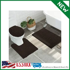 3pc Non-Slip Shaggy Chenille Bathroom Mat Set, Includes 24 x 21 Inches U-Shaped