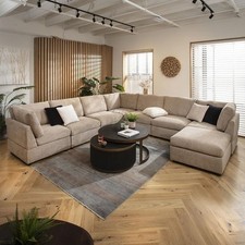 Extra Large 8 Seat Modular L-Shape Corner Sofa & Footstool Beige Boucle