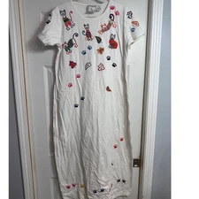 Michael Simon Lite White Cat Maxi T Shirt Dress Women Large Cotton Stained