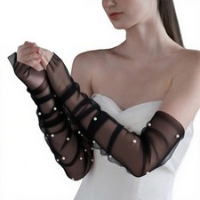 Elegant Pearls Arm Sleeves Wedding Accessory Gloves Comfortable Tulle Arm Covers