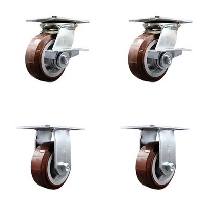 5 Inch Polyurethane Caster Set with Ball Bearing 2 Brakes and 2 Rigid SCC