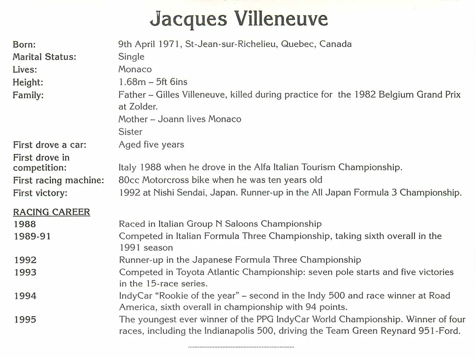 Jacques Villeneuve Autogrammkarte - Formel 1 Weltmeister 1997 Rothmans Williams - Bild 2 von 2