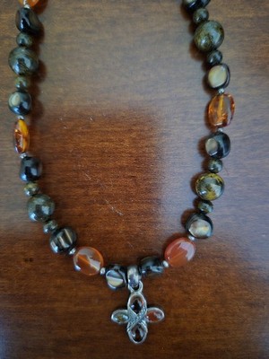 Necklace Barse Genuine Stone Brown New with cross pendant
