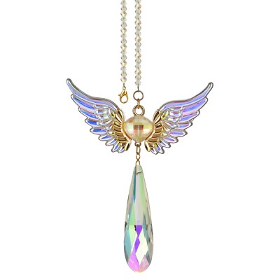 Car Rearview Mirror Angel Wings Crystal Pendant, Iridescent Rainbow Drop Blue...