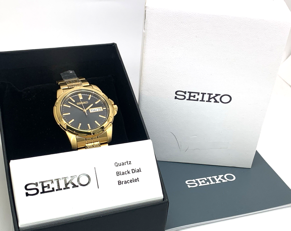 Seiko Men's Watch SUR358 Quartz Gold Stainless Steel Black Dial