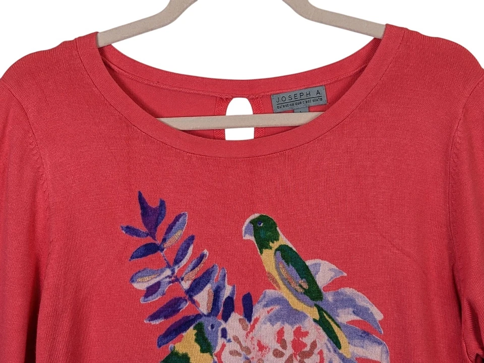 Joseph A Women size L Colorful Peach Tropical Top Parrot Bird Long Sleeve Artsy - Image 4 of 4