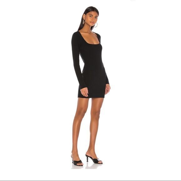 LPA Rae Black Ribbed Square Neck Bodycon Long Sleeve Sweater Dress Size L |  eBay