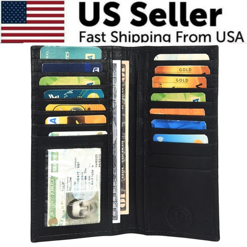 Leatherboss Genuine Leather Men Long Wallet Pockets ID Card Clutch Bifold PurseOpens in a new window or tab