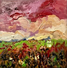 Oil Painting Meadow field floral landscape flower Original art Mini easel 4x4