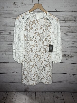 Vince Camuto Womens White 3/4 Puff Sleeve Floral Lace Shift Lined Dress 0  NWT | eBay