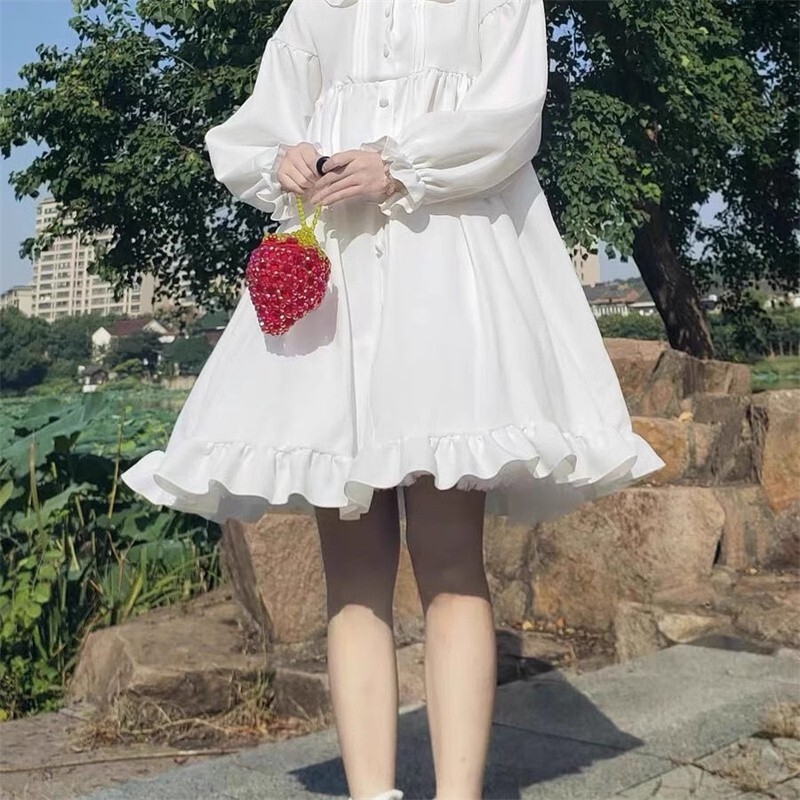 Japanese White Peter Pan Collar Dress White Lolita Dress Japanese Vintage  Fairy A-Line Dress Peter Pan Sailor Collar