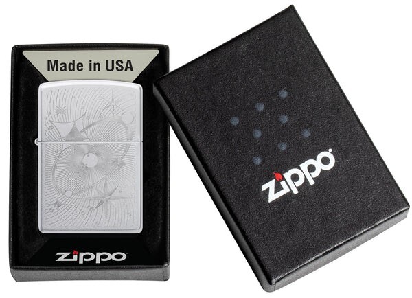 Zippo 46724, Atomic Cosmos Design, Satin Chrome Finish Lighter, NEW