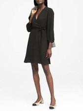 New Banana Republic Wrap Black Waist Tie Fit Flare V-neck 3/4 Sleeve Dress 8