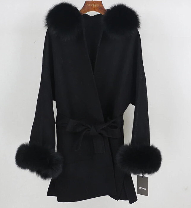 Oversized Black Woollen Cape Coat With Real Fox Fur Hooded Jacket