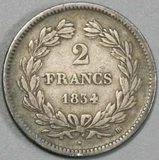 1834-BB France 2 Francs VF Louis Philippe Strasbourg 77K Silver Coin (23120303R)