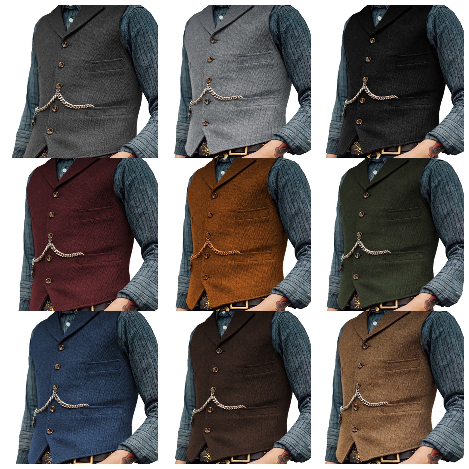 Herren Tweed Weste Herringbone Vintage Notch Lapel XS-3XL