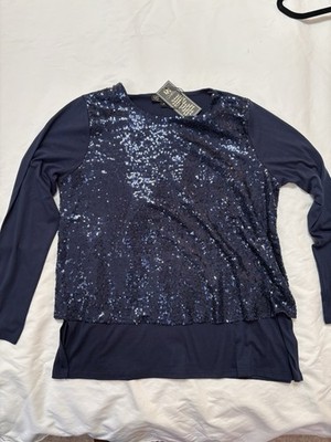 DG2 by Diane Gilman Sequined Front Long Sleeve Easy Top Blue Sz: M