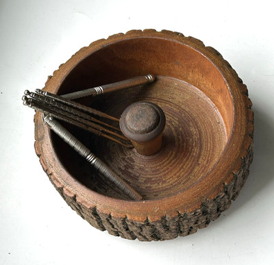 Vintage Wood Tree Bark Nut Bowl with Nutcracker & 4 Picks