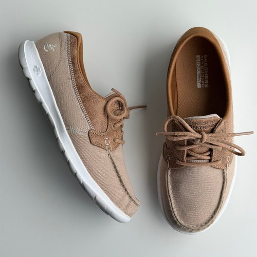 Skechers Boat Shoes Women 6.5 Natural On-The-Go Casual Canvas Preppy Vacation