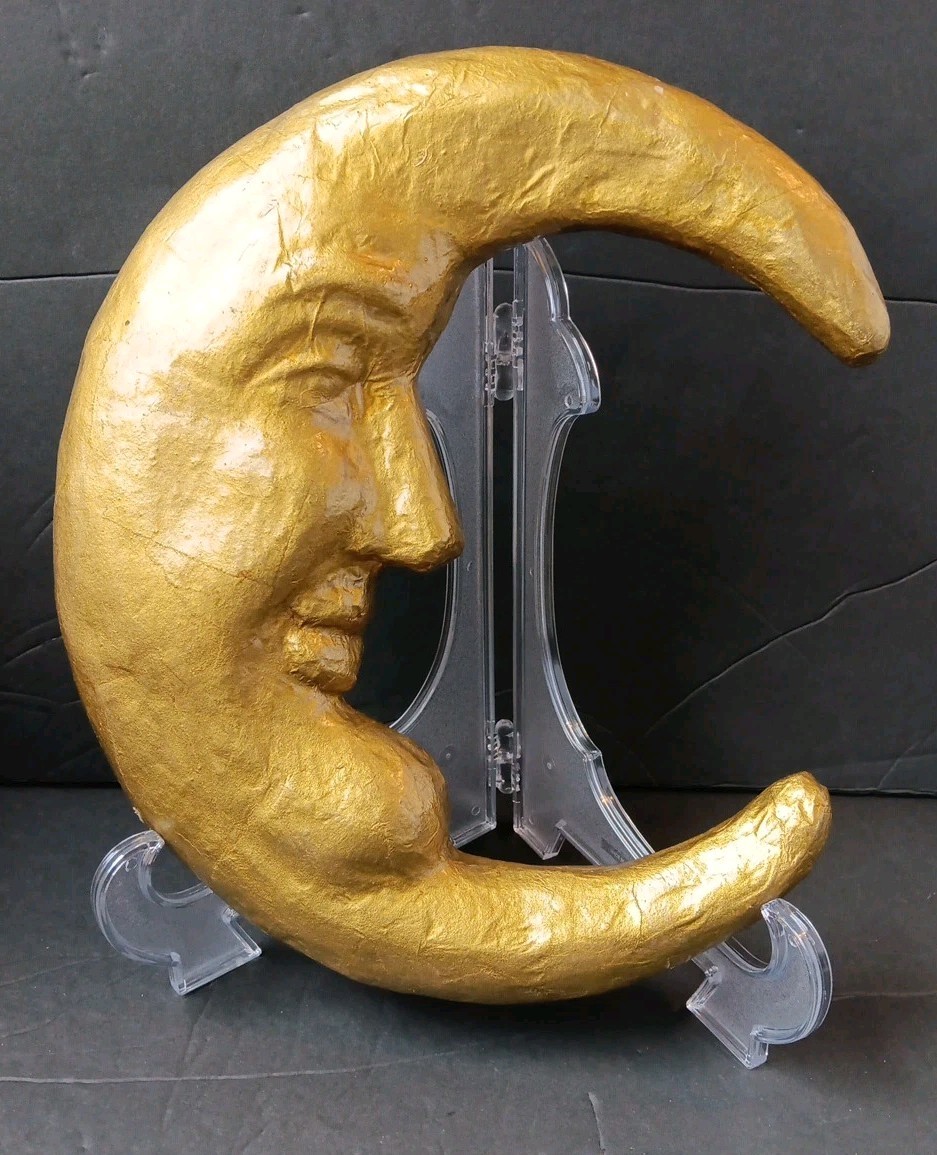 Vintage 1950's Large Paper Mache Gold Man In The Moon Face Hanging Whimsical