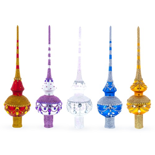 Red Jeweled with Golden Leaves Mouth Blown Glass Christmas Tree Topper 11 Inches - Picture 4 of 4