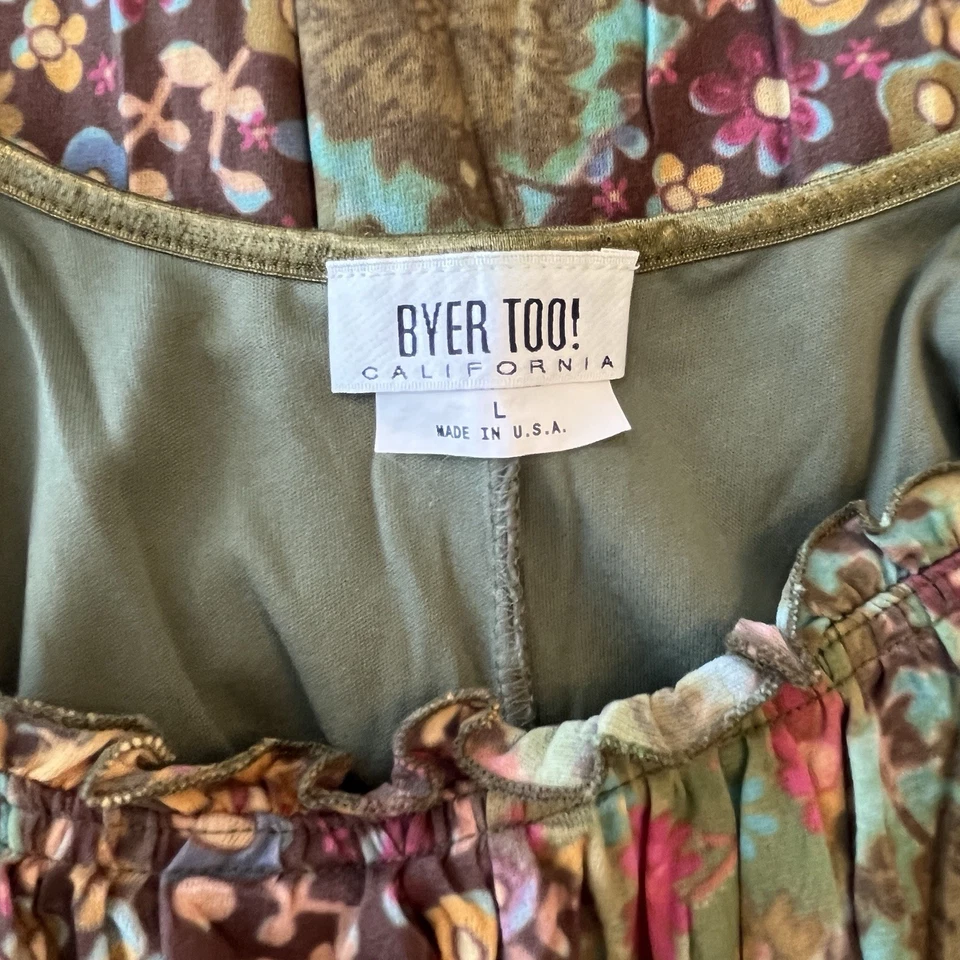 Vintage 90s Y2K Byer Too Babydoll Milkmaid Slip Dress Green FLoral Fairy Size L - Image 4 of 4