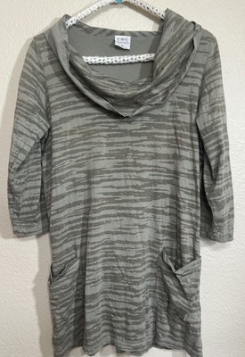 CMC COLOR ME COTTON Womens LARGE Gray/ Green Cowl Neck Tunic Top