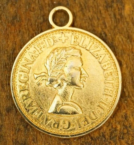 Vintage Costume Jewelry Coin Elizabeth II Gold Tone Metal Necklace Pendant