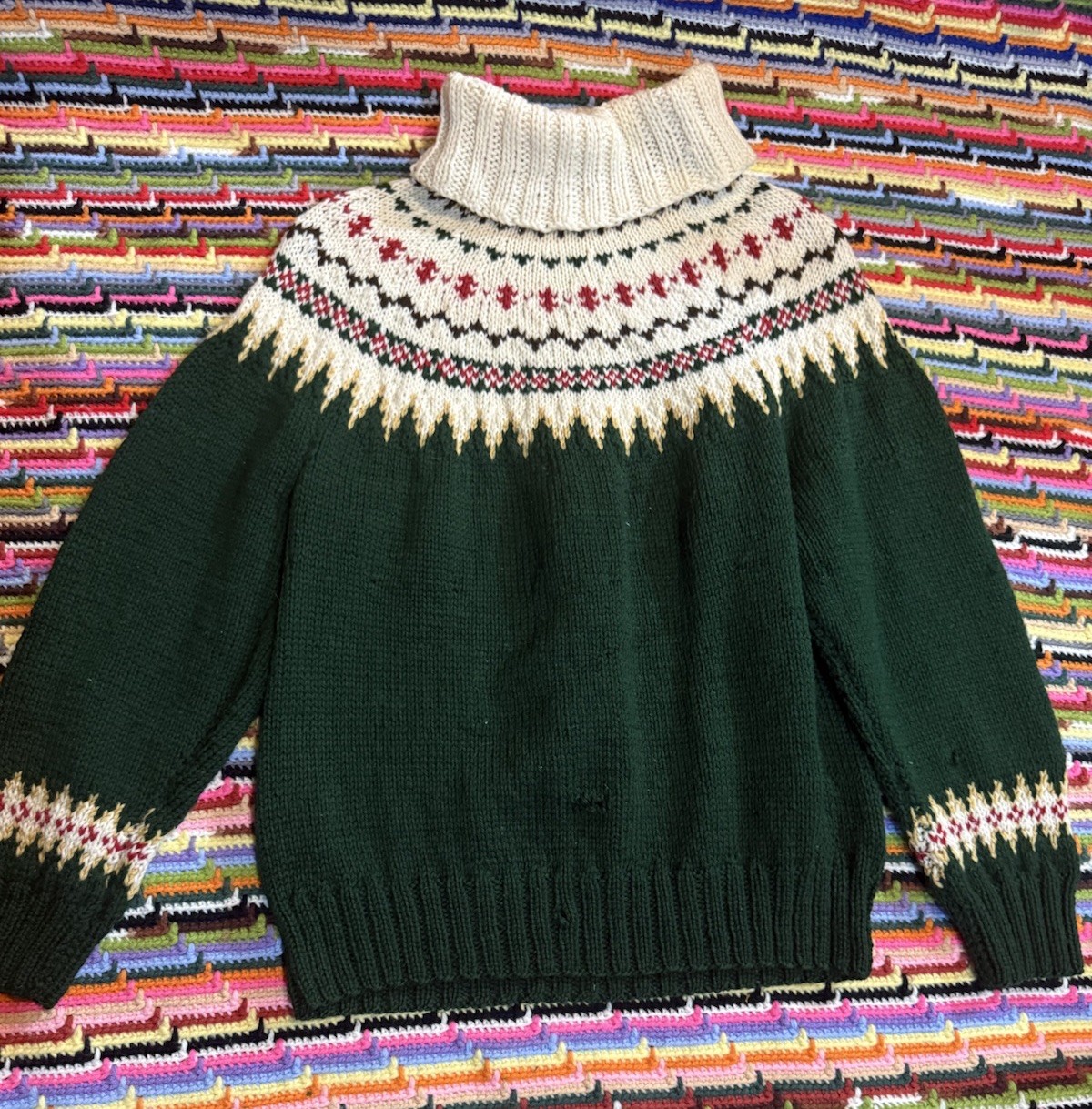 Vintage Fair Isle Style Knit Sweater Green Mock Neck Cabin Hike Winter As Is