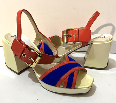 POLLINI Colorblock  All Leather Platform Heels Buckled Strap Sandals 38