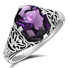 Natural 3CT Amethyst 925 Solid Sterling Silver Vintage Style Ring Sz 9 XB3-6
