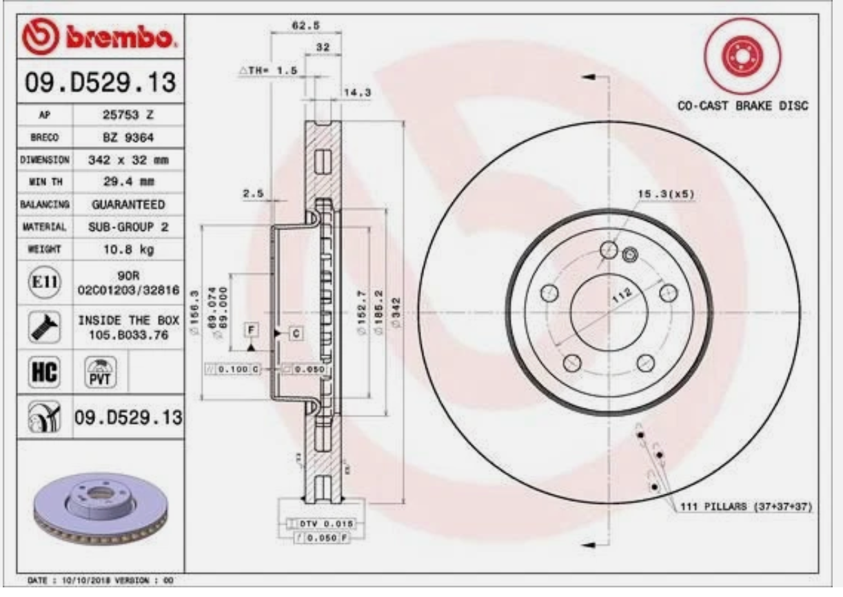 BREMBO 09.D529.13 Brake Disc Front Fits Mercedes-Benz  E-Class 342mm No screw