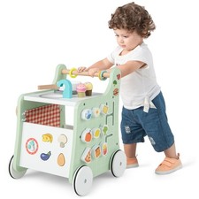 6-in-1 Wooden Baby Walker Pretend Play Kitchen Set w/ Anti-silp Wheels