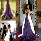 Vintage Embroidery Lace Wedding Dresses White and Purple A-Line Strapless Gowns