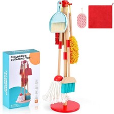 Wooden Kids Cleaning Toy Set Toddler Broom and Dustpan Set for Housekeeping 9 Pc