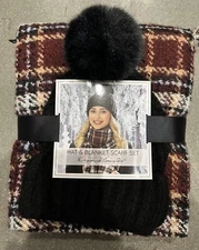 Emanuel Geraldo Hat & Blanket Scarf Set Maroon Tan Multi Color Plaid Winter New